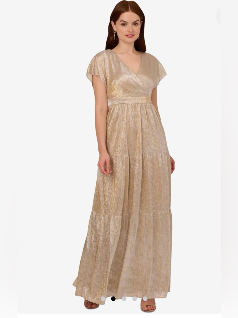 Adrianna Papell  Size 12 - Gold Metallic V- Neck Flutter sleeve gown